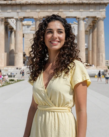 Dimitra, 26, Greek woman from Athens smiling joyfully in a sunny plaza with ancient columns