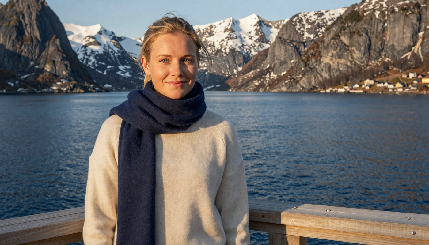 Beautiful Norwegian woman standing on a wooden dock overlooking a dramatic fjord at golden hour