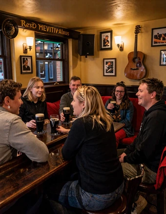 Warm and lively traditional Irish pub interior with dark wood bar, amber lighting, and people enjoying conversation