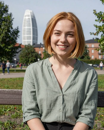 Saga, 25, Swedish woman from Malmö sitting on a park bench with the Turning Torso tower in the distance