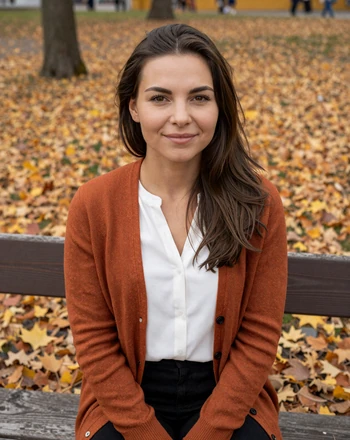 Piret, 33, Estonian woman from Tartu sitting in an autumn park with golden leaves