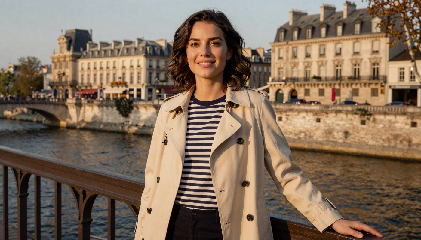 Elegant French woman standing on a Parisian bridge over the Seine at golden hour with Haussmann architecture behind her