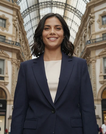 Francesca, 32, Italian woman from Milan in a tailored blazer at the Galleria Vittorio Emanuele