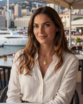 Camille, 29, Monacan woman from Monte Carlo at an outdoor cafe with harbor yachts in the background