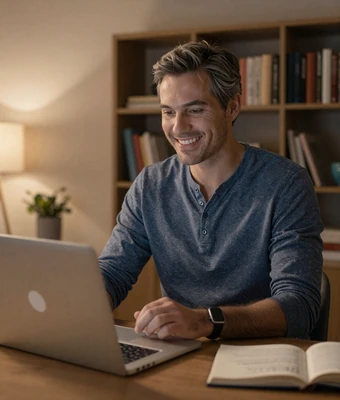 American man video calling his European partner from a cozy home setting