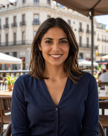Lucía, 27, Spanish woman from Madrid at an outdoor cafe terrace on Gran Vía