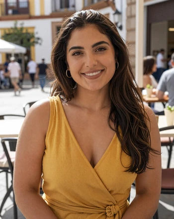 Elena, 30, Spanish woman from Madrid smiling at a sunny plaza cafe