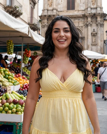 Martina, 28, Sicilian woman in a yellow sundress at a vibrant Palermo street market