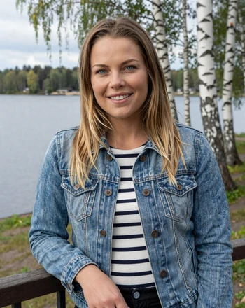 Filippa, 26, Swedish woman from Örebro leaning against a railing near a lake with birch trees