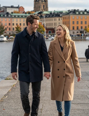 Happy American-Swedish couple walking hand in hand along a Stockholm waterfront in autumn light