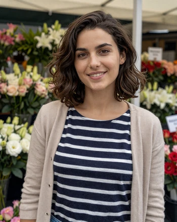 Amélie, 29, French woman from Lyon smiling near a flower market
