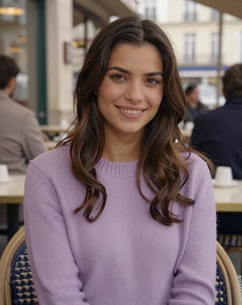 Camille, 28, French woman from Lyon with a warm smile at an outdoor cafe