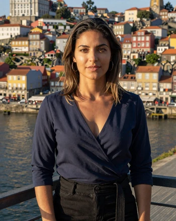Mariana, 31, Portuguese woman from Porto on the Dom Luís I bridge with the Douro River behind