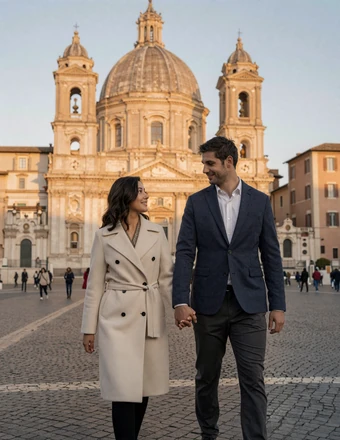 Couple walking hand in hand through a Roman piazza at sunset with a Baroque church facade behind them