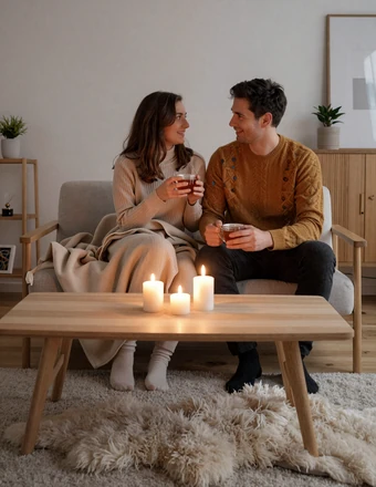 Cozy Danish living room with candles and warm textiles creating an authentic hygge atmosphere for a romantic evening