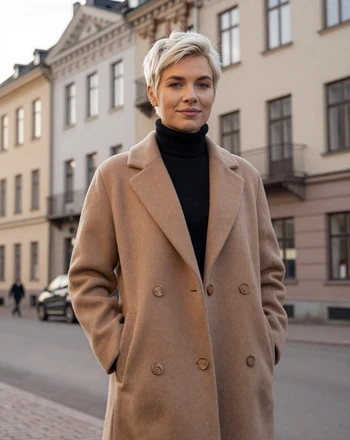 Iida, 27, Finnish woman from Helsinki standing in the Design District with art deco facades