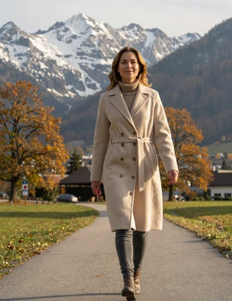 Elegant Liechtenstein woman walking along a Rhine Valley path with snow-capped Alpine peaks in the background