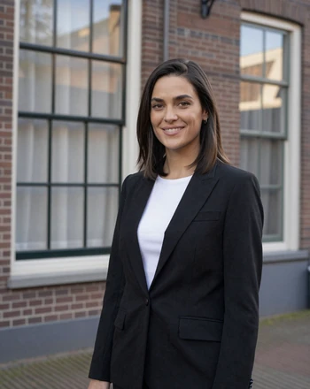 Marianne, 31, Dutch woman from The Hague with confident smile by classic Dutch row houses