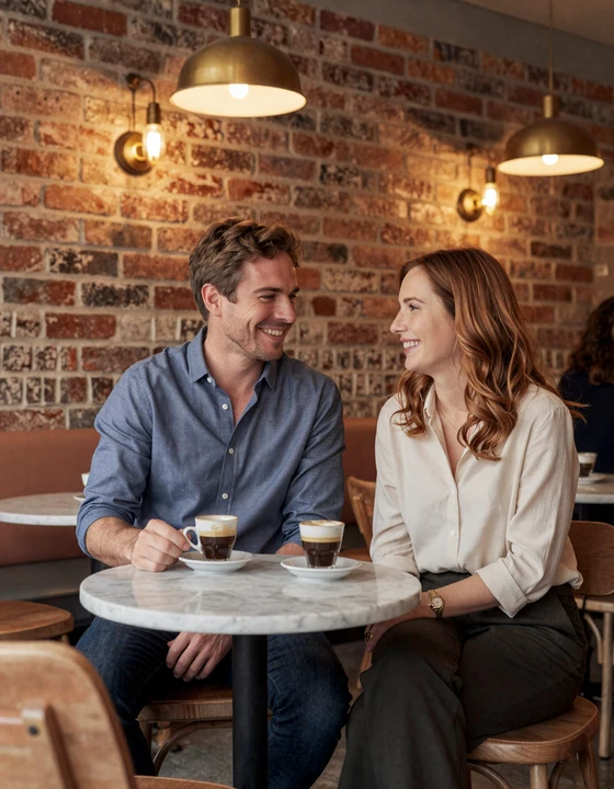 American man and European woman sharing a warm moment in a cozy European café