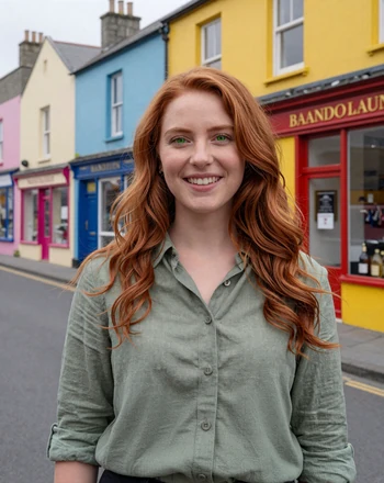 Aine, 31, Irish woman from Galway with copper red hair smiling on a colorful street