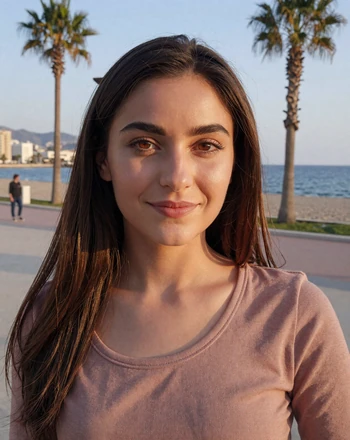 Georgia, 28, Cypriot woman from Larnaca on the Finikoudes promenade with palm trees and blue sea