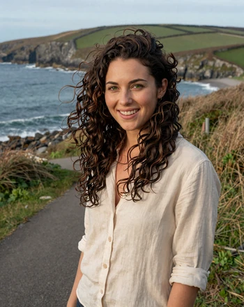Aoife, 31, Irish woman from Galway on a coastal path with Atlantic cliffs behind her