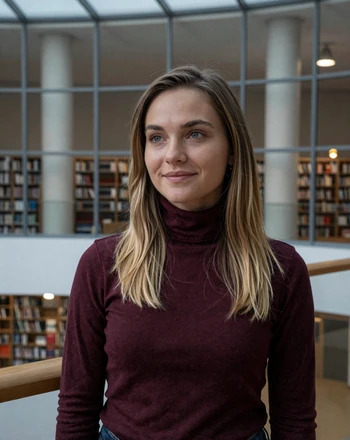 Zane, 26, Latvian woman from Riga in the National Library with modern architecture behind her