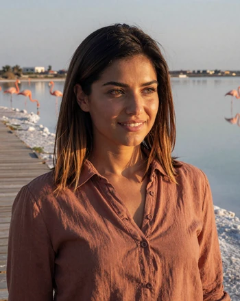 Androula, 33, Cypriot woman from Larnaca on the salt lake boardwalk with flamingos in the distance
