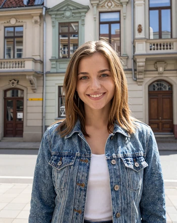 Alise, 25, Latvian woman from Riga standing on an Art Nouveau street with ornate building facades