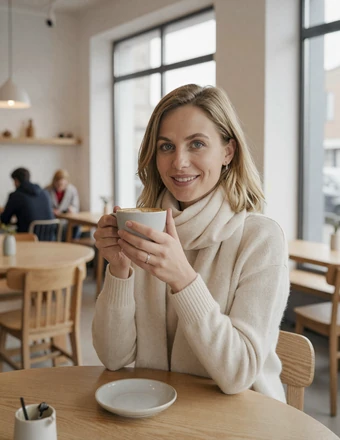 Scandinavian woman enjoying coffee in a bright minimalist Nordic cafe with warm natural light