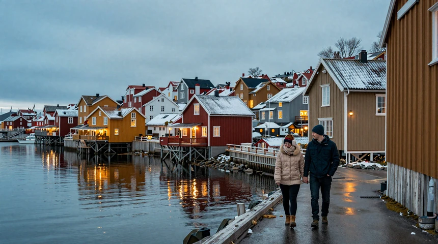 Charming Scandinavian harbor village at blue hour with a couple walking along the waterfront