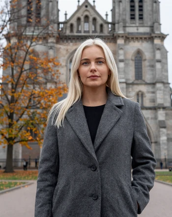 Maja, 33, Swedish woman from Uppsala standing in front of Uppsala Cathedral with autumn leaves