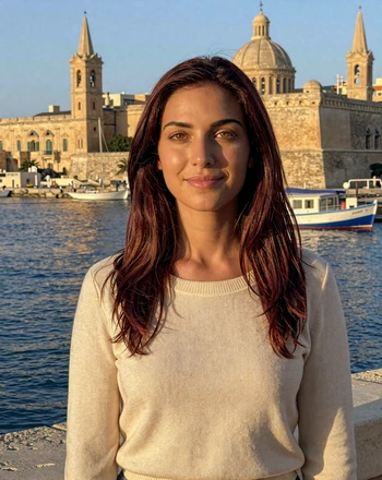 Daniela, 29, Maltese woman on a waterfront terrace in Birgu with historic fortifications behind