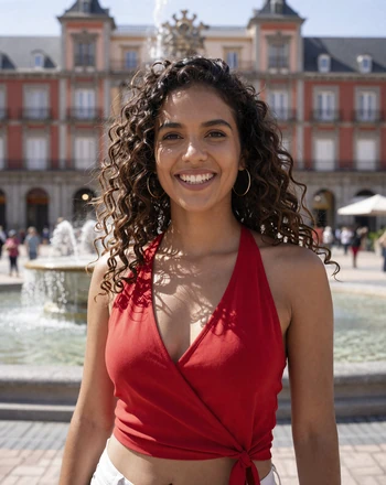 Carmen, 31, Spanish woman from Madrid smiling joyfully on a sunny plaza