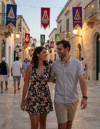 Couple walking through a traditional Maltese village festa celebration with colorful lights and limestone streets