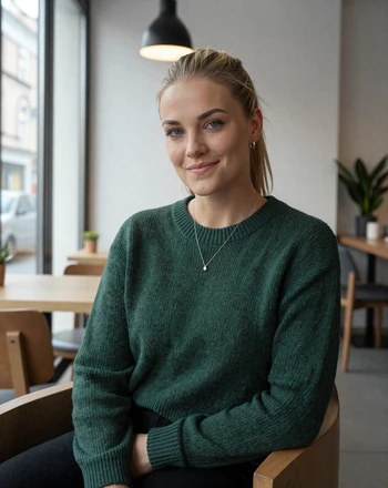 Franziska, 32, German woman from Berlin smiling confidently at a minimalist cafe
