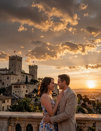 Happy couple on a terrace overlooking the Three Towers of San Marino at sunset with golden sky