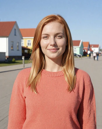 Sanita, 30, Latvian woman from Ventspils at the promenade with colorful houses and Baltic sky