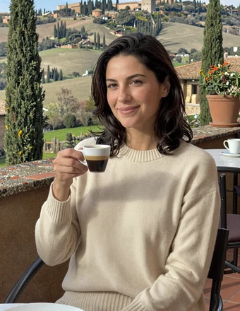Italian woman enjoying espresso on a Tuscan terrace with cypress trees and rolling hills behind her
