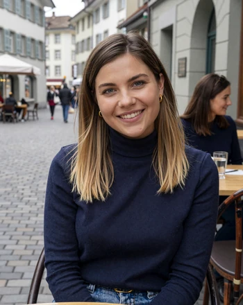 Lea, 29, Swiss woman from Zürich sitting at an outdoor café in the Old Town with warm smile