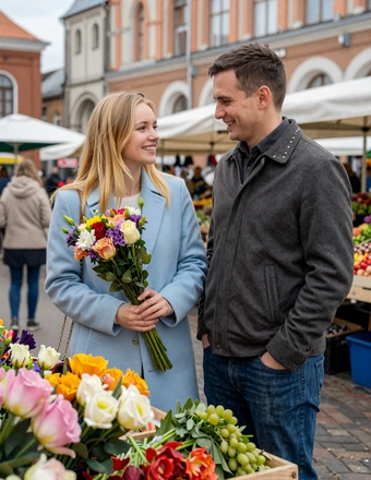 Happy American-Latvian couple at Riga Central Market with fresh flowers and warm smiles