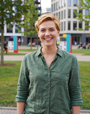 Lieke, 29, Dutch woman from Eindhoven laughing in a modern design park