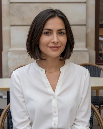 Elise, 30, verified French woman from Lyon seated at an outdoor cafe with a warm smile