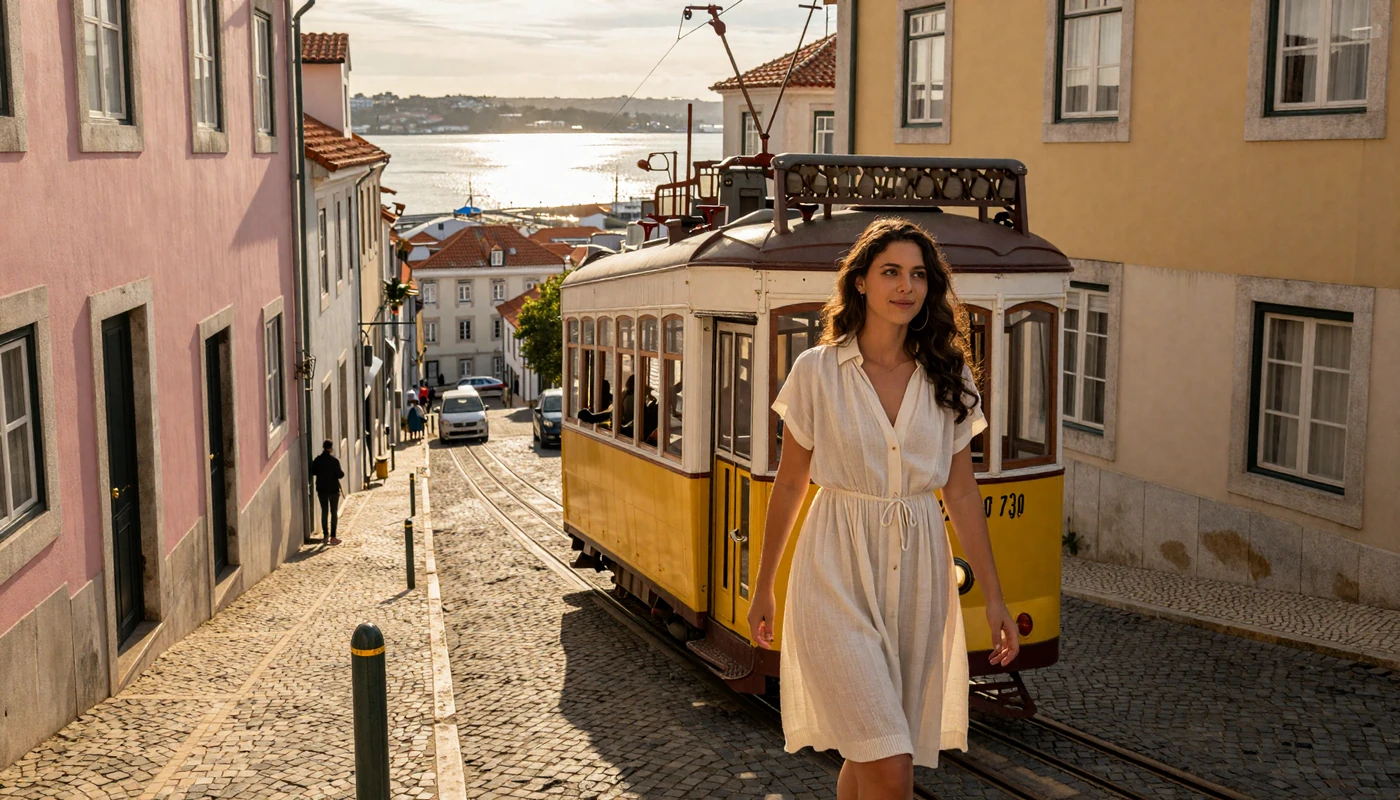 Beautiful Portuguese woman walking along a Lisbon tram street with pastel azulejo buildings and the Tagus River at golden hour