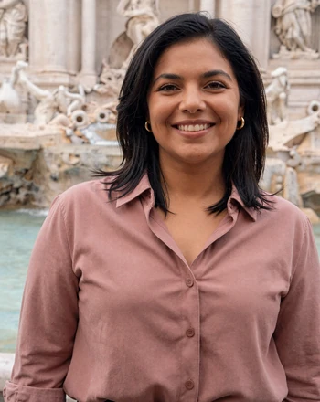 Valentina, 35, Italian woman from Testaccio Rome wearing dusty rose shirt near a Renaissance fountain
