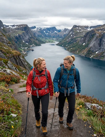 Couple hiking together on a Norwegian mountain trail overlooking a dramatic fjord at summer