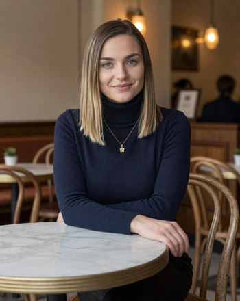 Anna, 29, Austrian woman from Vienna sitting in a traditional Viennese coffeehouse with warm smile