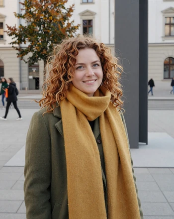 Magdalena, 26, Austrian woman from Linz near a modern art installation in the main square