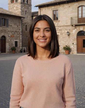 Giulia, 28, San Marinese woman from San Marino City smiling in a medieval piazza with stone buildings