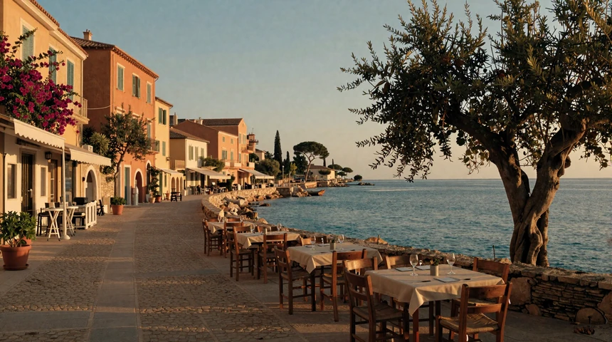 Sun-drenched Mediterranean coastal promenade at golden hour with terracotta buildings and romantic cafe setting